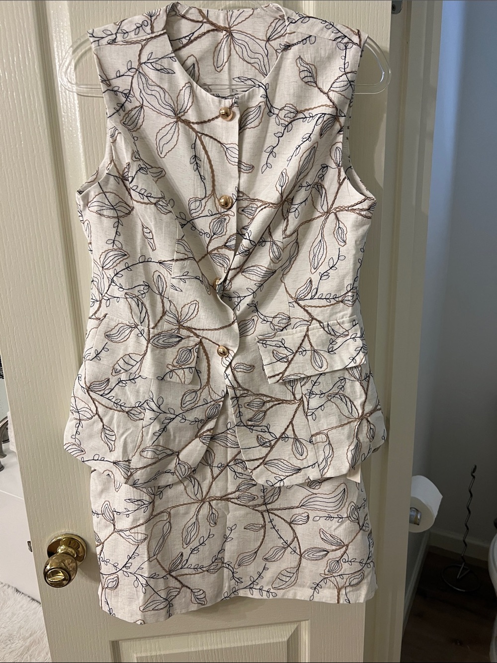 Commense Cream with Brown and Gray Leaf Print Two Piece Linen Set